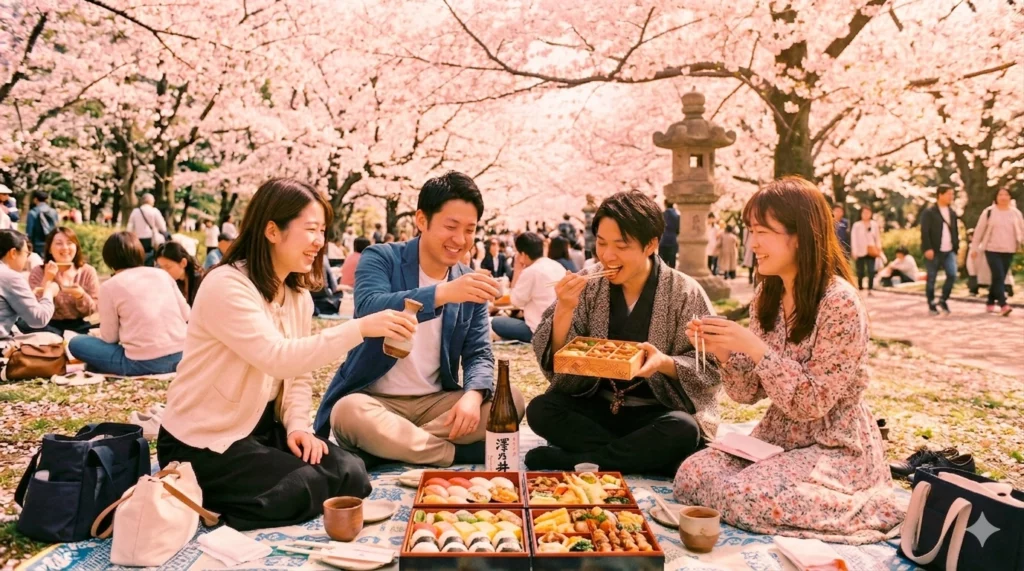Un bento sur l'herbe, pour la fête des cerisiers en fleurs : la quintessence de la culture culinaire japonaise.