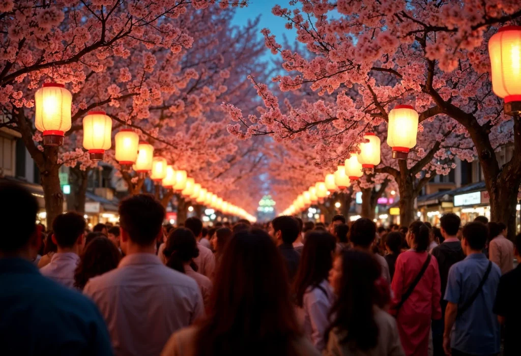 La fête du printemps, Hanami, change de visage le soir. Les cerisiers en fleurs sont illuminés et attirent la foule par leur magie.